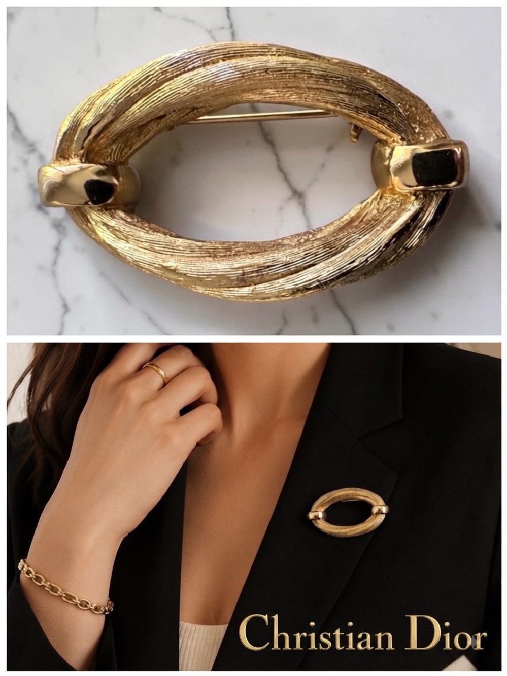 Vintage Christian Dior Germany Gold Twisted Rope Brooch Pin Oval Textured - Picture 2 of 6